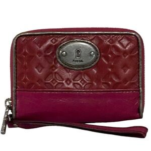 FOSSIL Multi Zip Around Embossed Leather Wristlet Wallet Red/Pink